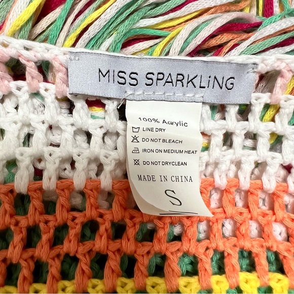 MISS SPARLING Crochet Fringe Cropped Beach Cover up Rainbow Stripes Hippie‎ Boho - Picture 14 of 17